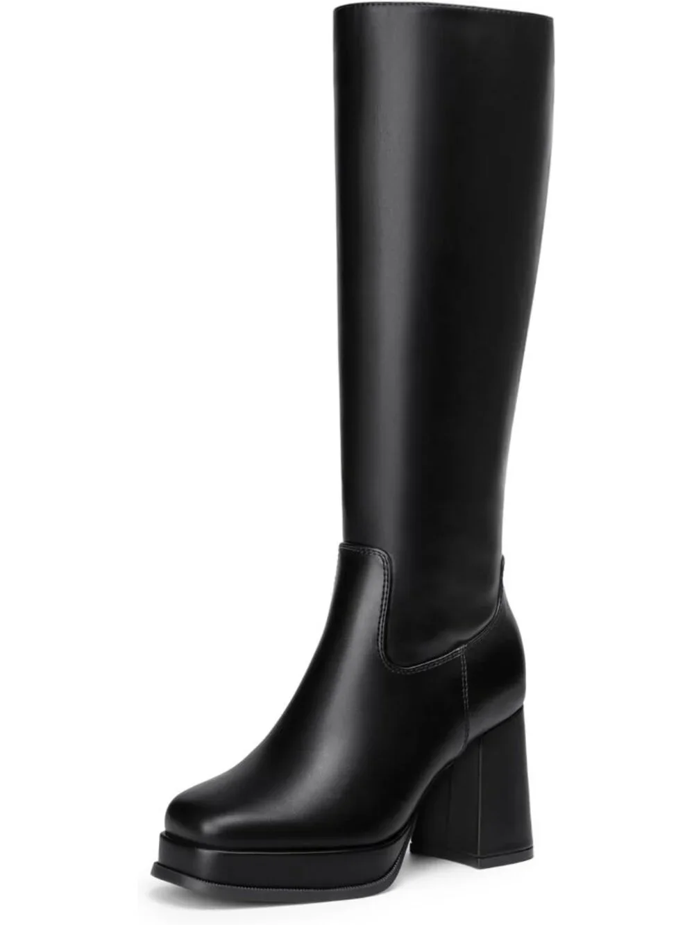 Women's Black Chunky Heel Modern Square Toe Cushioned Insole Knee High Boots